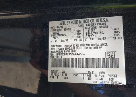 2003 Ford F-150 Lariat/Xl/Xlt from USA, damaged, VIN 1FTRX18L33NA44556